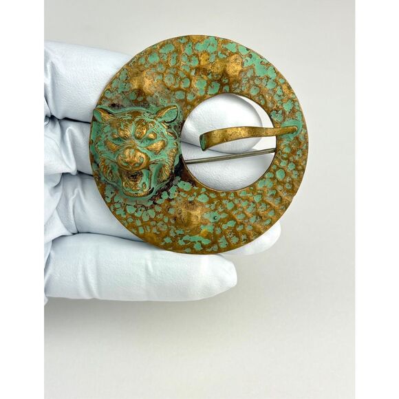 Antique JHP Arts & Crafts Hand Wrought Hammered Bronze Tiger Patina Brooch Pin X - Picture 2 of 8